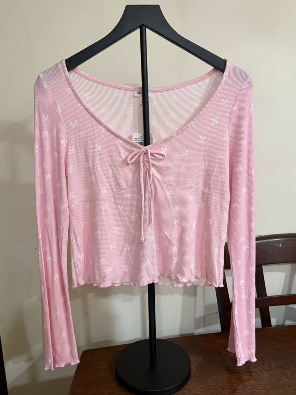 NWT Self esteem pink bow long sleeve rib knit top Large